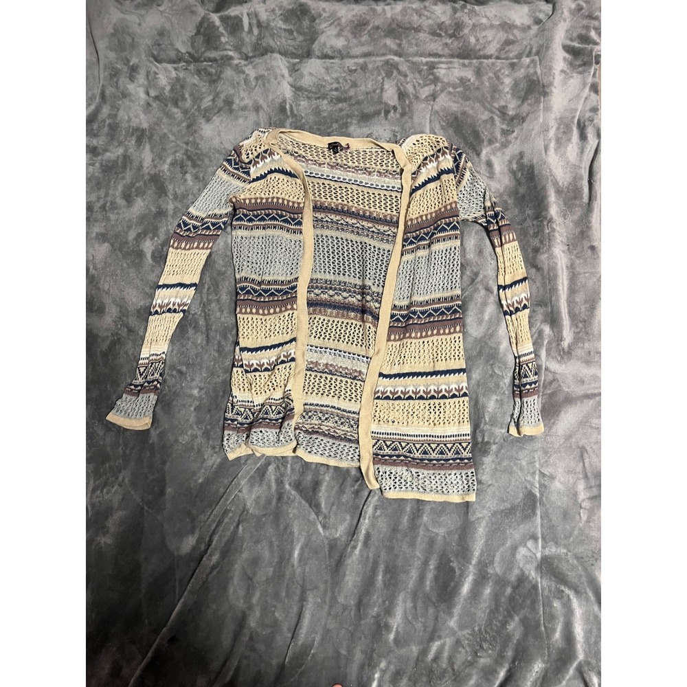 Quest by Say What Womens Medium Open Knit Crochet Cardigan Tribal Boho Geometric